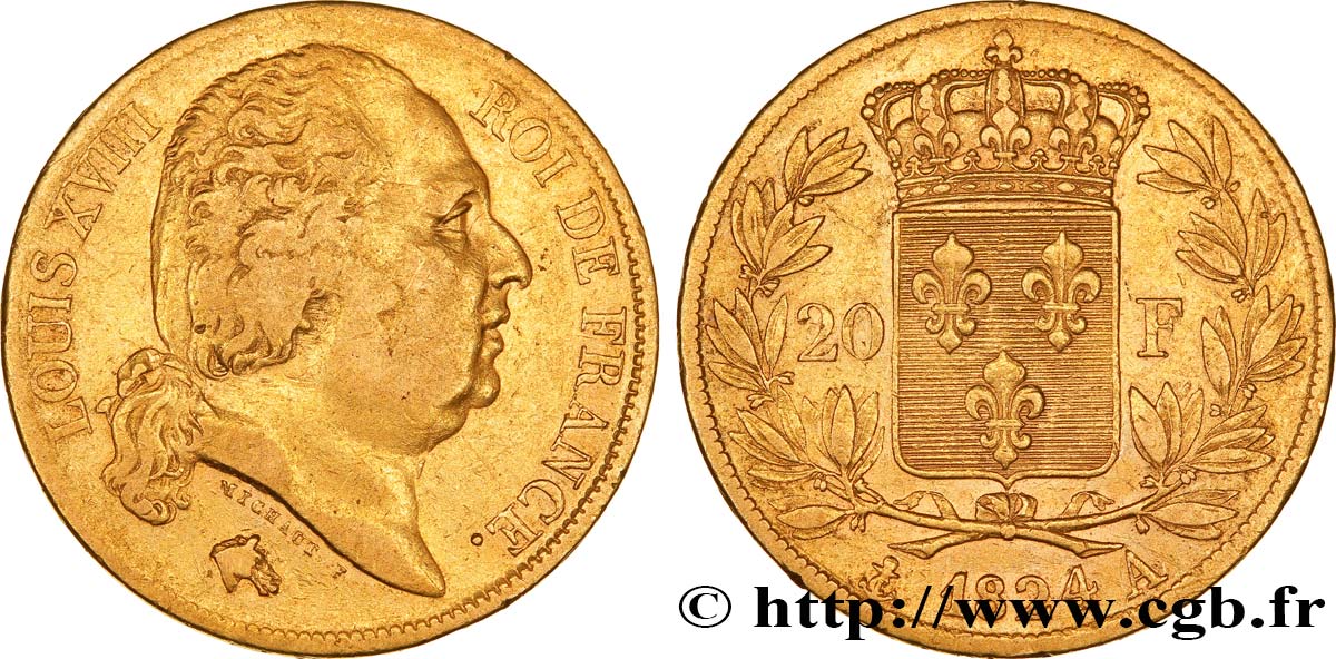 20 francs or Louis XVIII, tête nue 1824 Paris F.519/31 XF42 