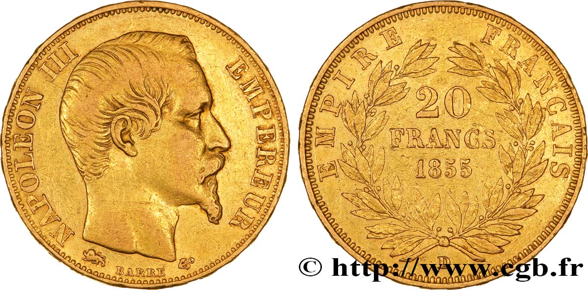20 francs or Napoléon III, tête nue 1855 Lyon F.531/8 XF45 