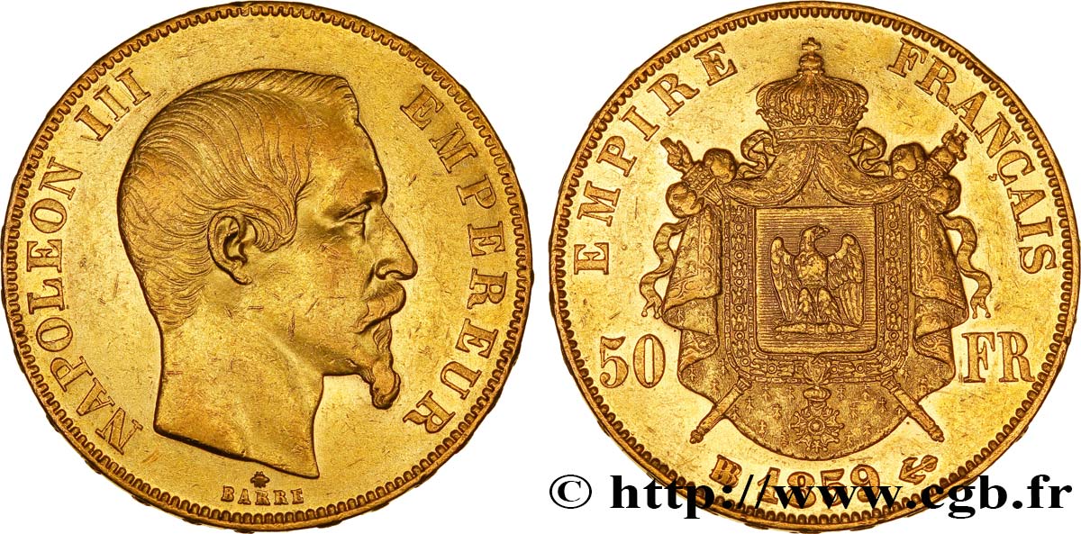 50 francs or Napoléon III, tête nue 1859 Strasbourg F.547/8 XF40 