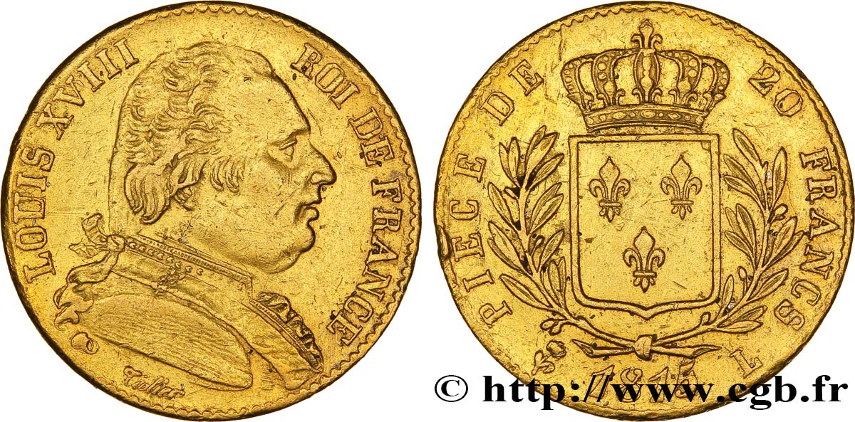 20 francs or Louis XVIII, buste habillé 1815 Bayonne F.517/15 XF48 