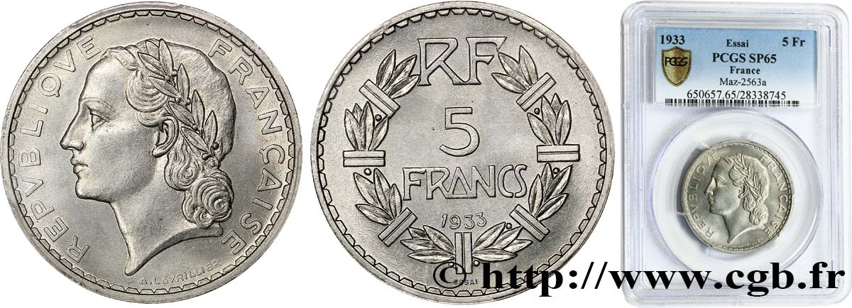Concours de 5 francs, essai de Lavrillier en nickel, sans différents 1933 Paris VG.5357  ST65 PCGS