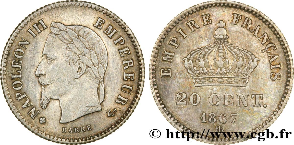 20 centimes Napoléon III, tête laurée, grand module 1867 Strasbourg F.150/2 SPL58 
