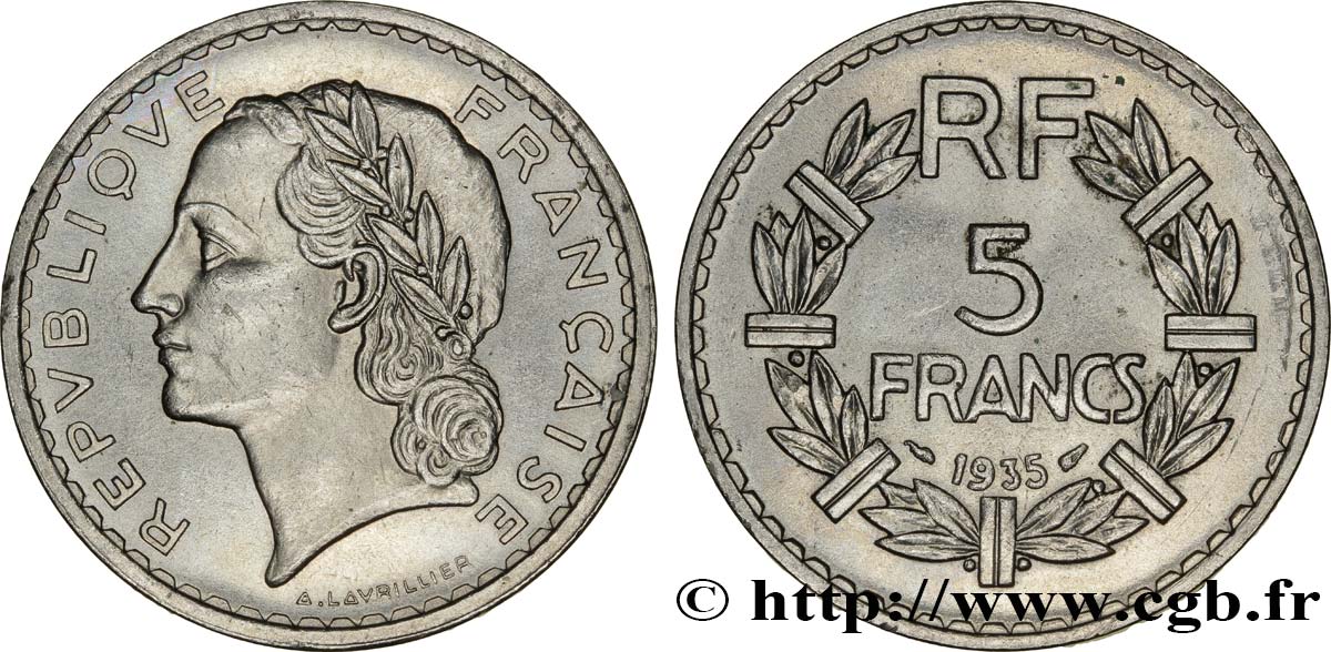 5 francs Lavrillier, nickel 1935  F.336/4 EBC55 