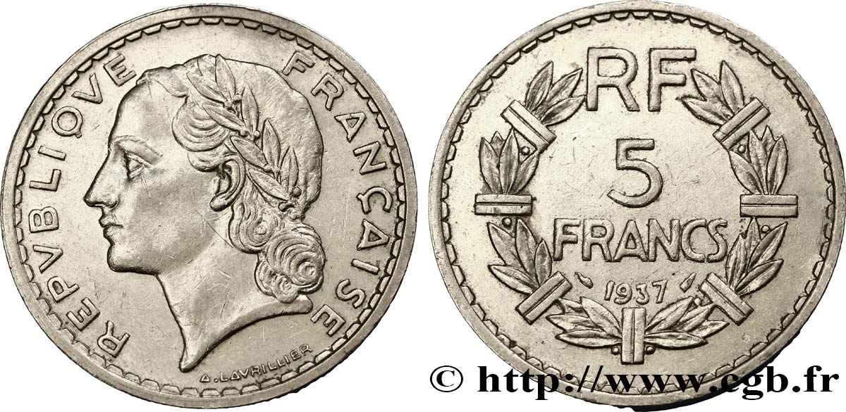 5 francs Lavrillier, nickel 1937  F.336/6 TTB50 