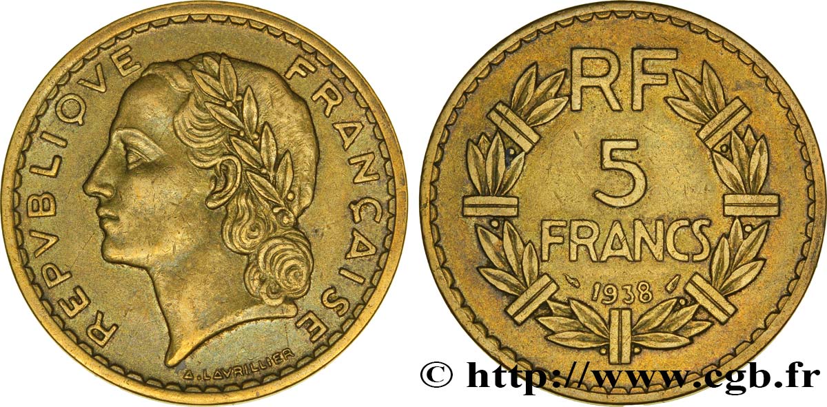 5 francs Lavrillier, bronze-aluminium 1938  F.337/1 AU50 