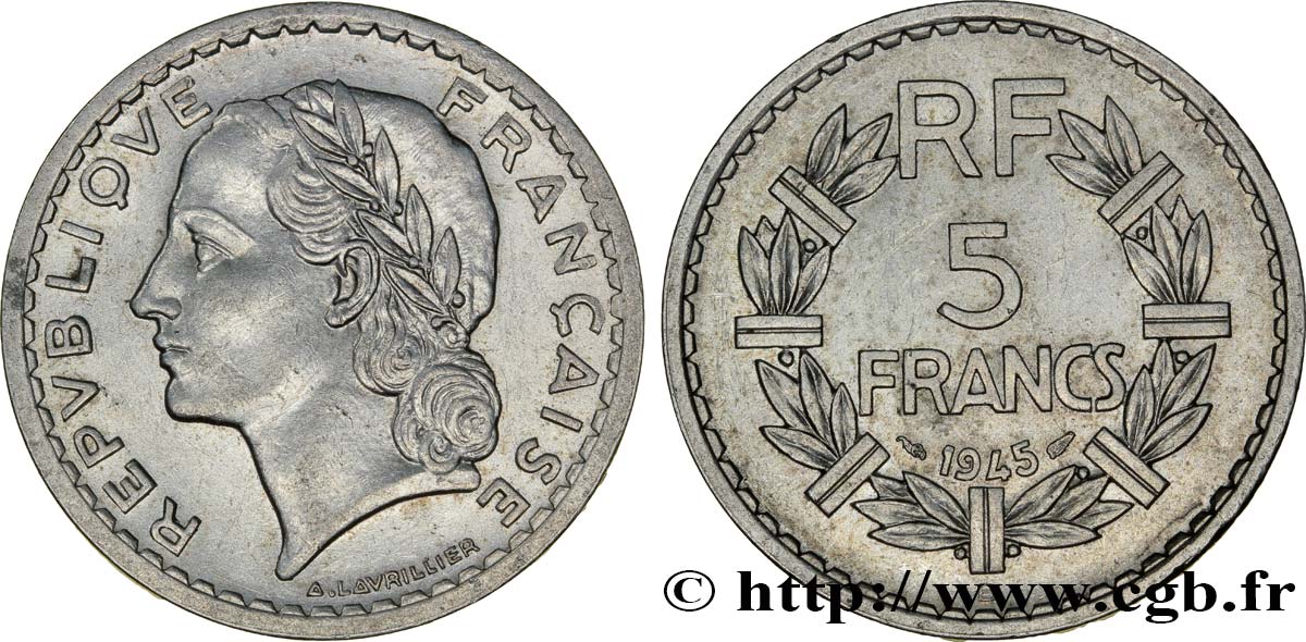 5 francs Lavrillier, aluminium 1945 Beaumont-Le-Roger F.339/4 BB53 