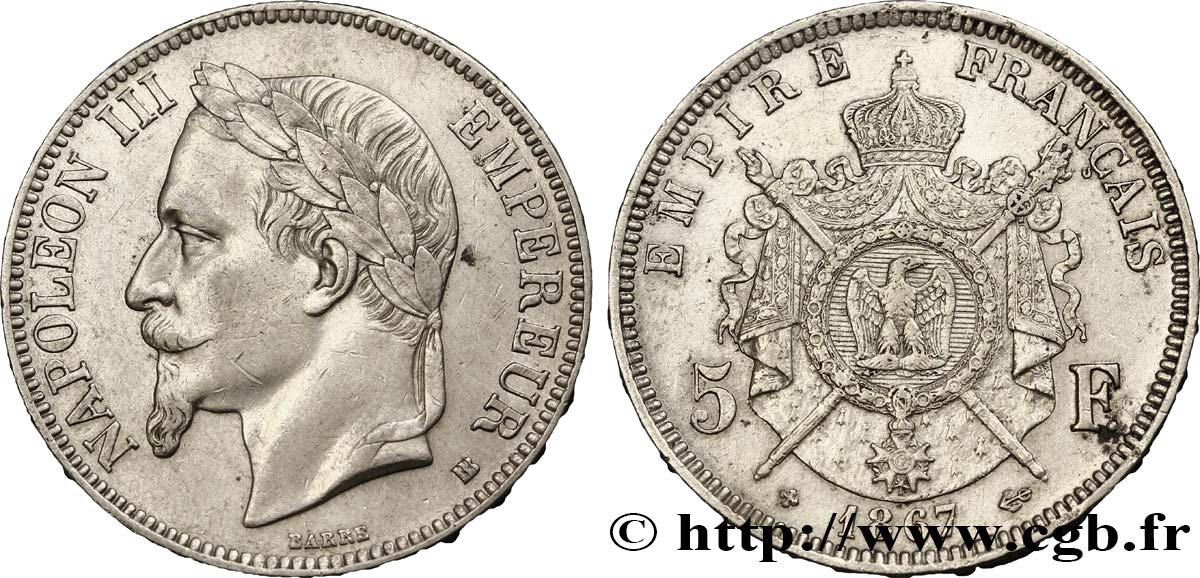 5 francs Napoléon III, tête laurée 1867 Strasbourg F.331/11 MBC50 