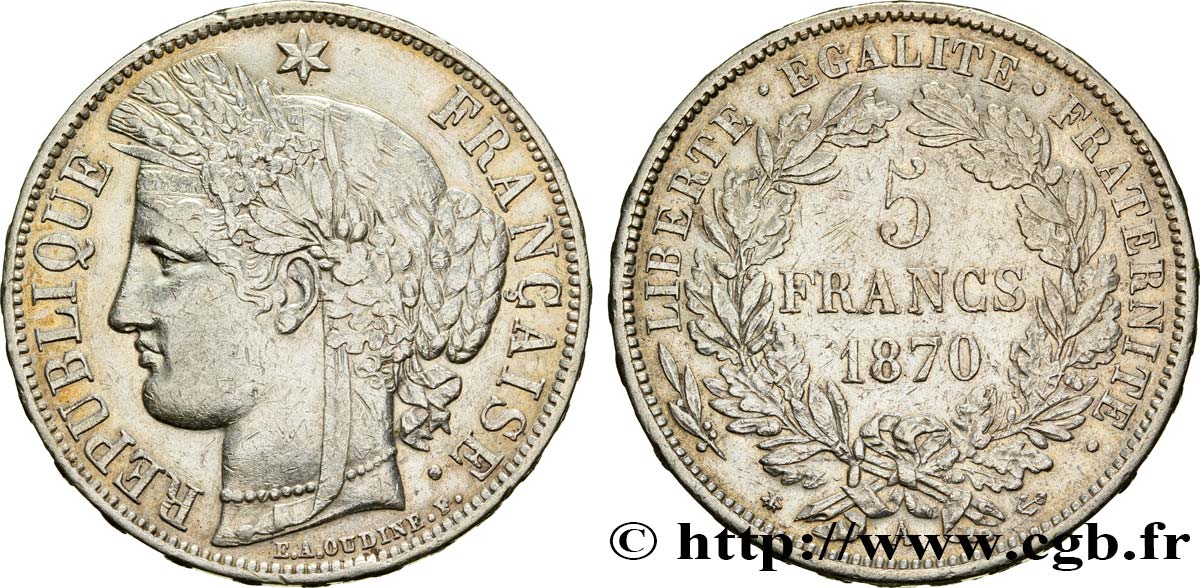 5 francs Cérès, avec légende 1870 Paris F.333/1 MB35 