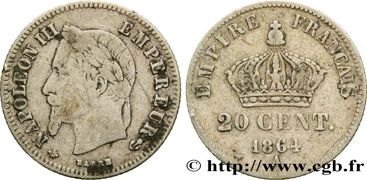 20 centimes Napoléon III, tête laurée, petit module 1864 Paris F.149/1 S20 