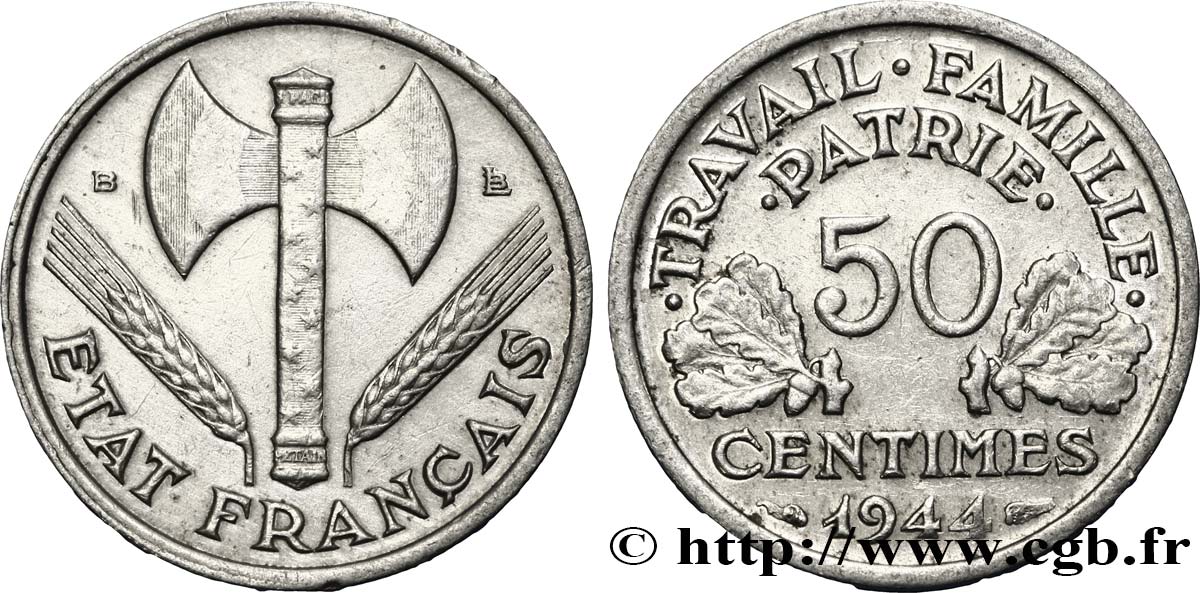 50 centimes Francisque, légère 1944 Beaumont-Le-Roger F.196/5 SS54 