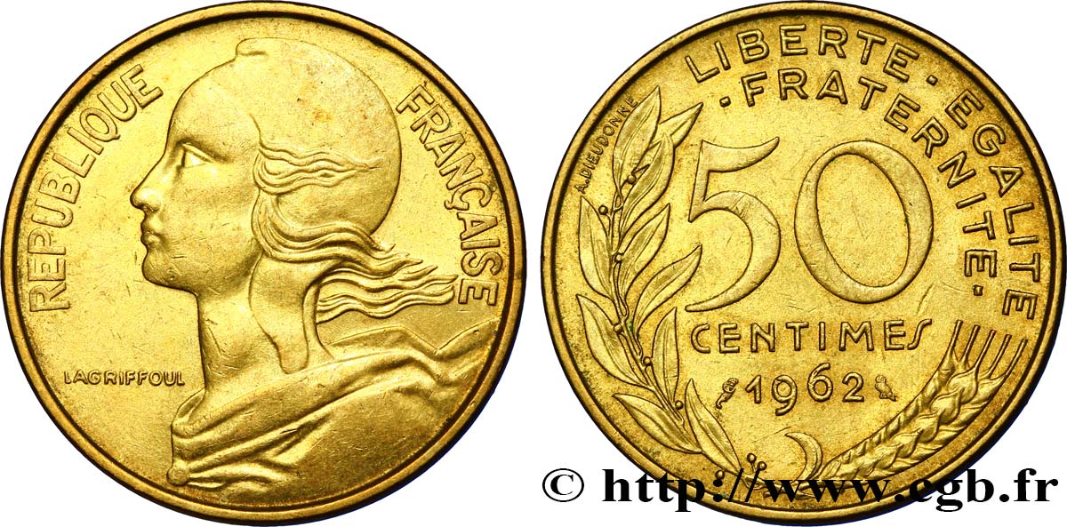 50 centimes Marianne, col à trois plis 1962 Paris F.197/2 AU54 