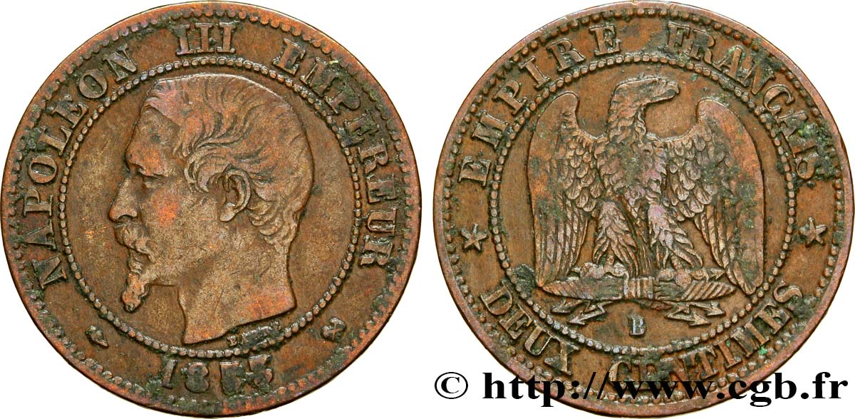 Deux centimes Napoléon III, tête nue 1853 Rouen F.107/2 TB35 