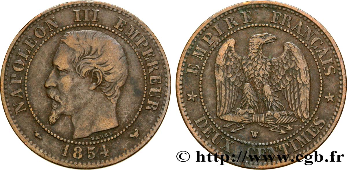 Deux centimes Napoléon III, tête nue 1854 Lille F.107/18 MBC40 