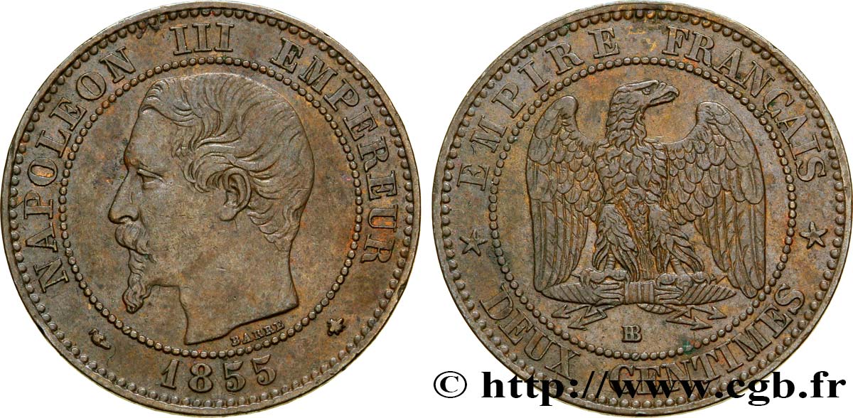 Deux centimes Napoléon III, tête nue 1855 Strasbourg F.107/23 MBC48 