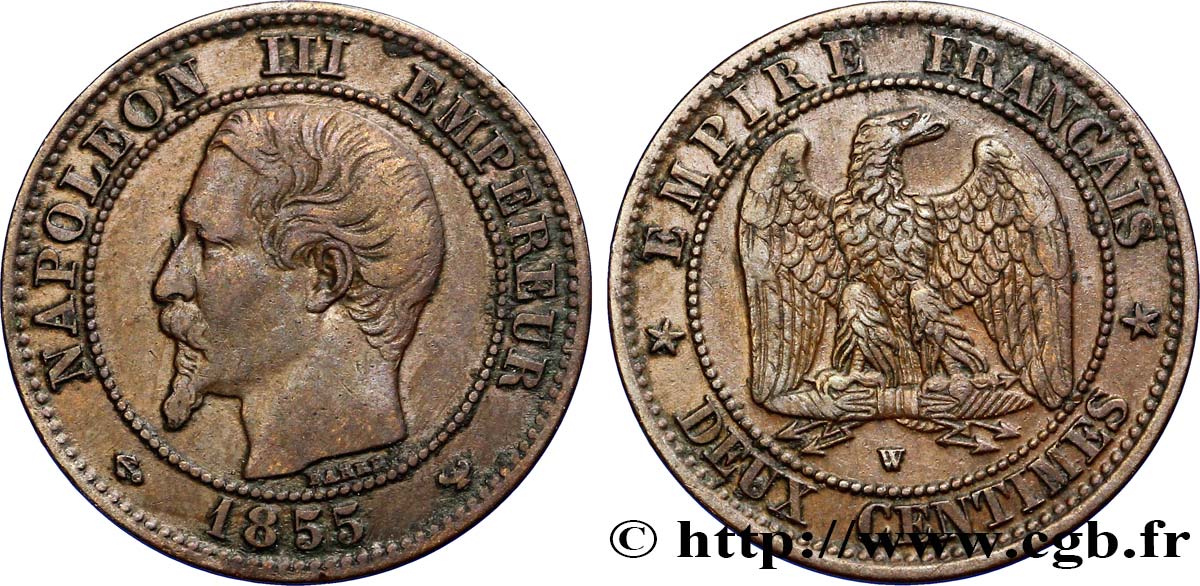 Deux centimes Napoléon III, tête nue 1855 Lille F.107/37 BB40 