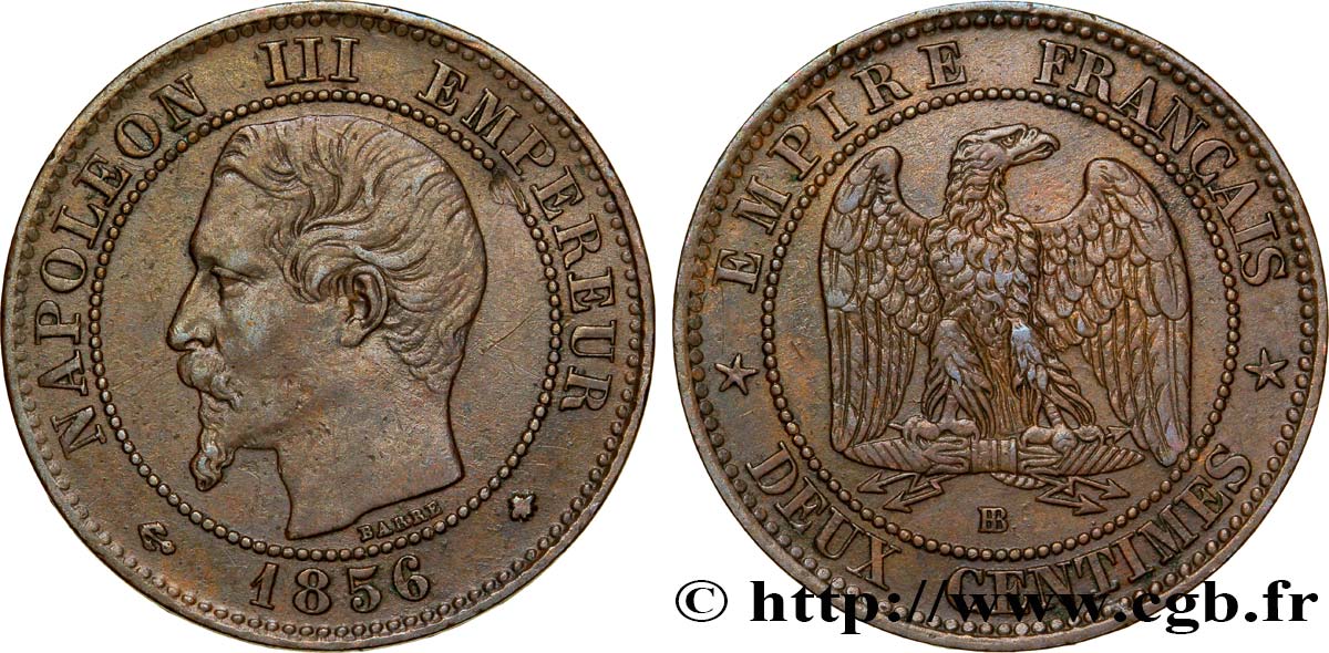Deux centimes Napoléon III, tête nue 1856 Strasbourg F.107/40 MBC48 