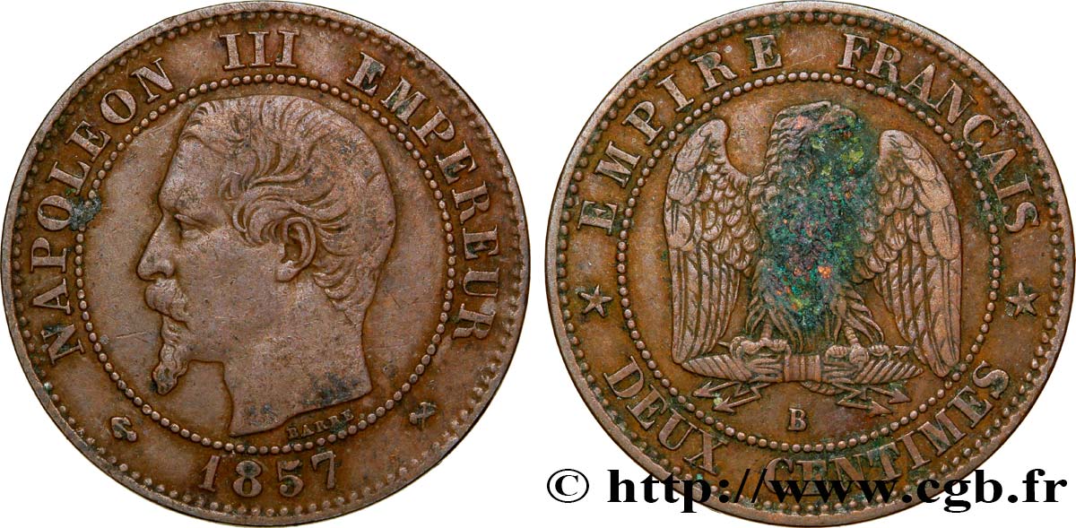 Deux centimes Napoléon III, tête nue 1857 Rouen F.107/45 TB35 