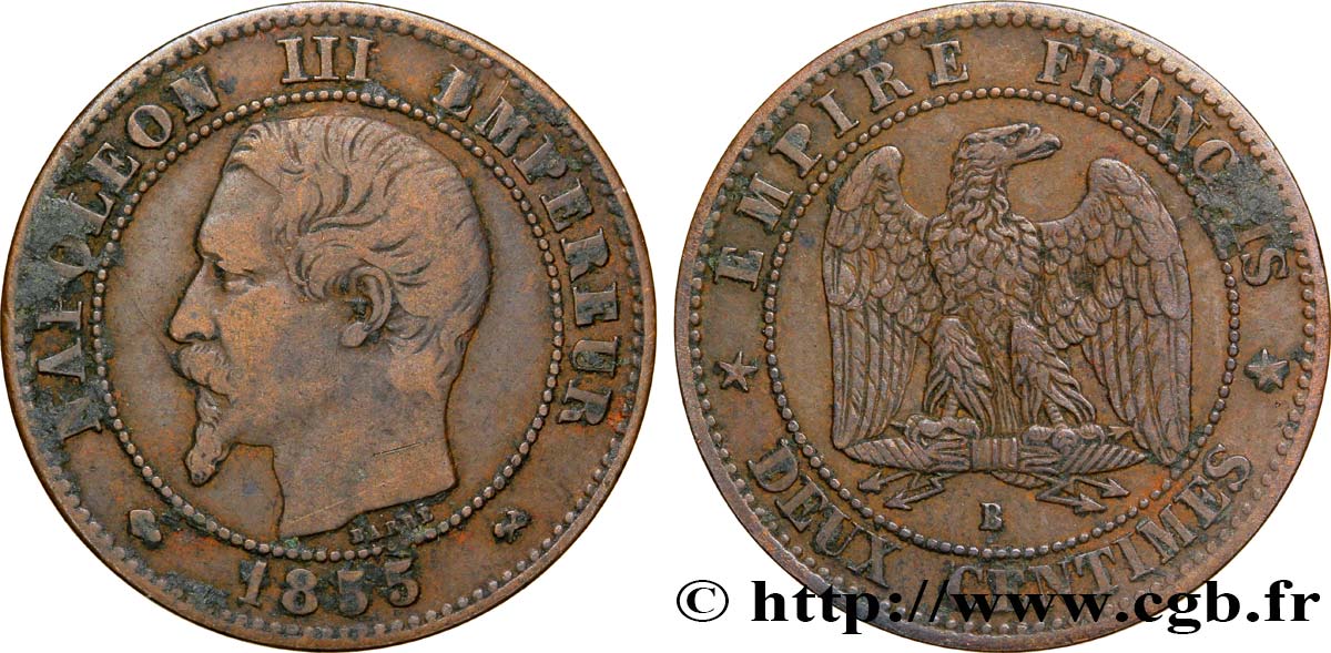 Deux centimes Napoléon III, tête nue 1855 Rouen F.107/22 S35 