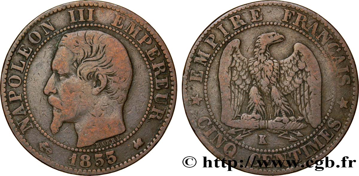 Cinq centimes Napoléon III, tête nue 1855 Bordeaux F.116/25 VF20 