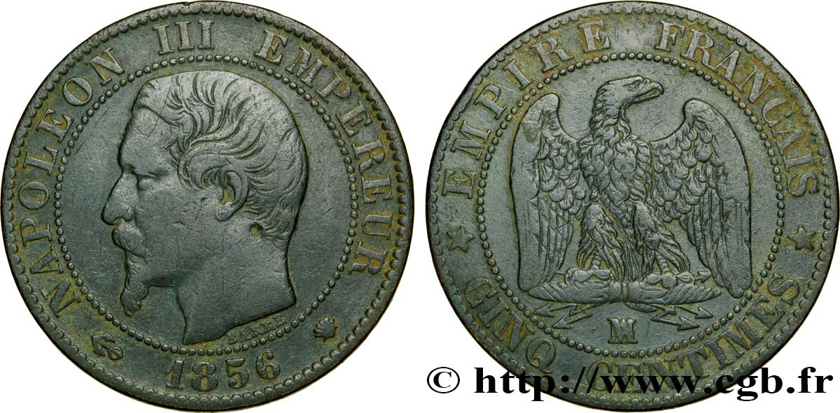 Cinq centimes Napoléon III, tête nue 1856 Marseille F.116/35 TB35 