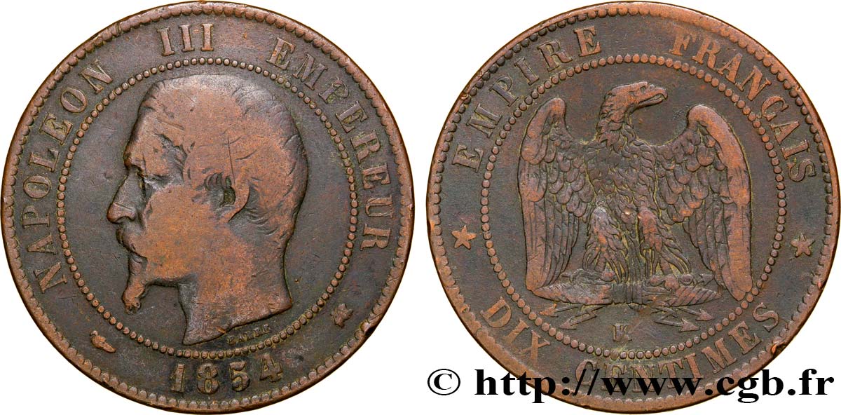 Dix centimes Napoléon III, tête nue 1854 Bordeaux F.133/16 MB20 