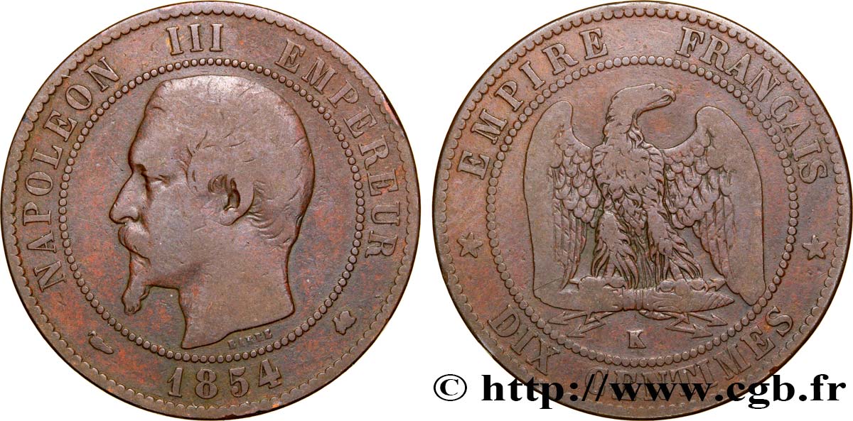 Dix centimes Napoléon III, tête nue 1854 Bordeaux F.133/16 VF20 