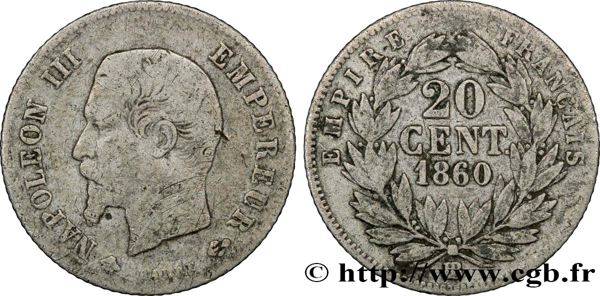 20 centimes Napoléon III, tête nue 1860 Strasbourg F.148/16 BC18 