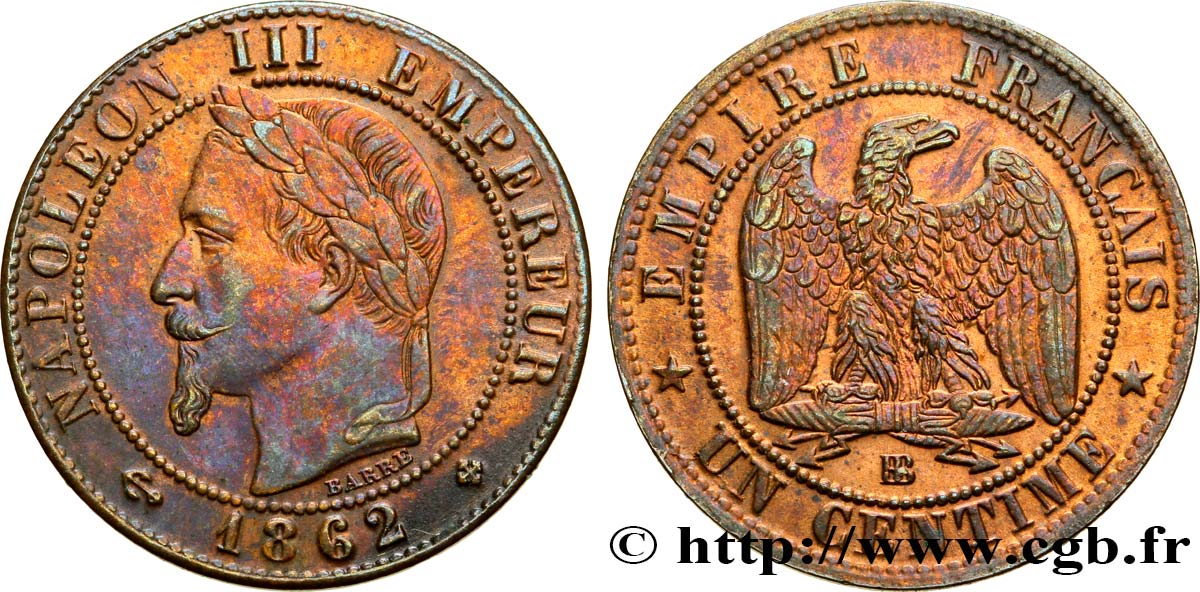 Un centime Napoléon III, tête laurée 1862 Strasbourg F.103/5 AU54 