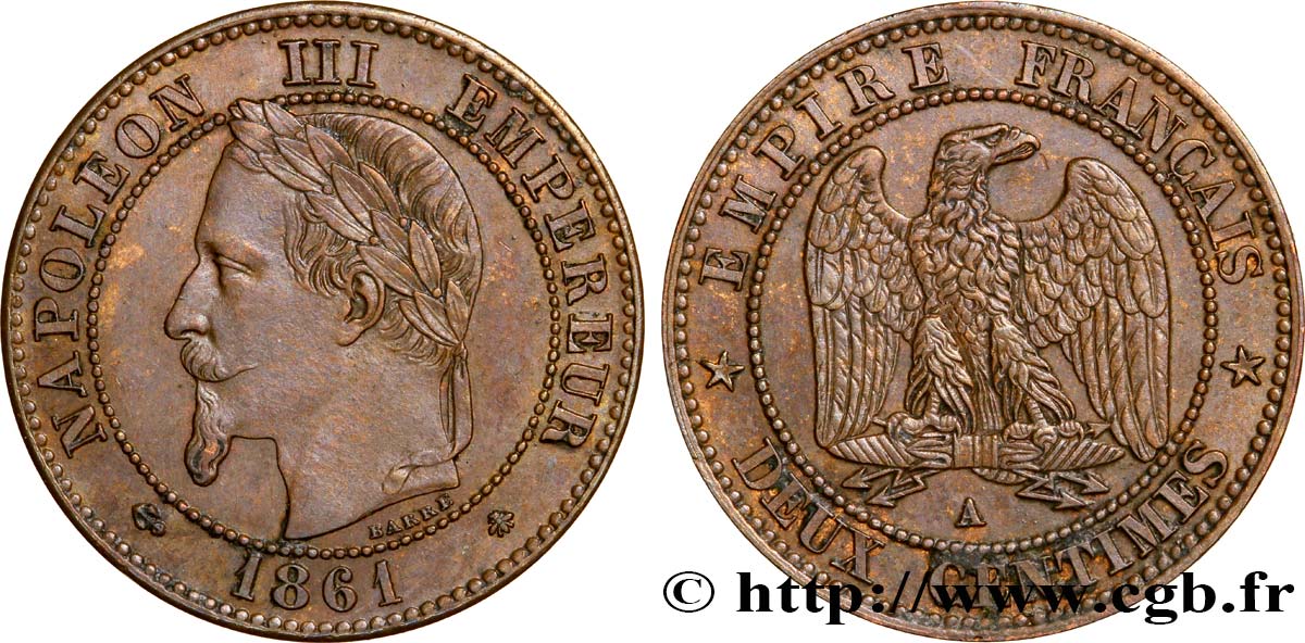 Deux centimes Napoléon III, tête laurée 1861 Paris F.108A/1 SS48 