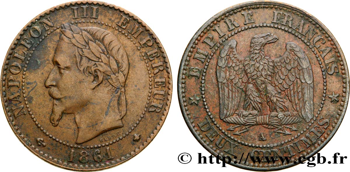Deux centimes Napoléon III, tête laurée 1861 Paris F.108/1 TTB40 