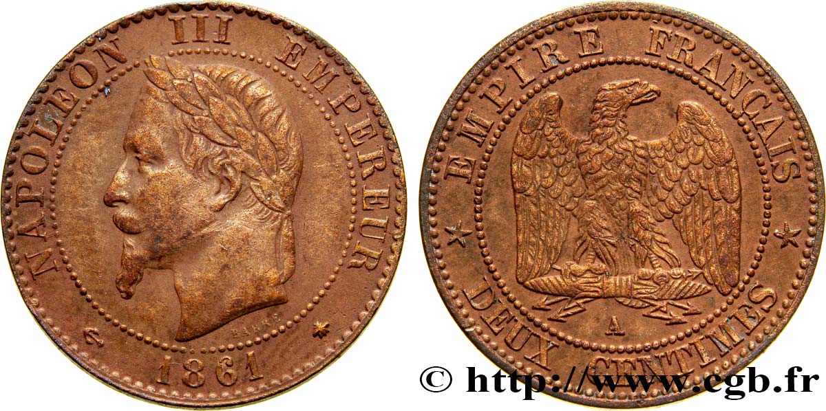 Deux centimes Napoléon III, tête laurée 1861 Paris F.108/1 MBC40 