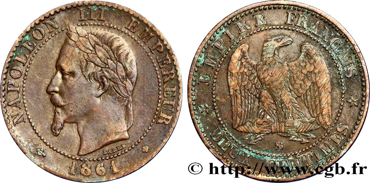 Deux centimes Napoléon III, tête laurée 1861 Strasbourg F.108/2 MBC40 