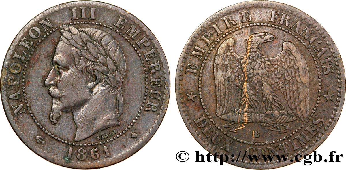 Deux centimes Napoléon III, tête laurée 1861 Strasbourg F.108/2 BB40 