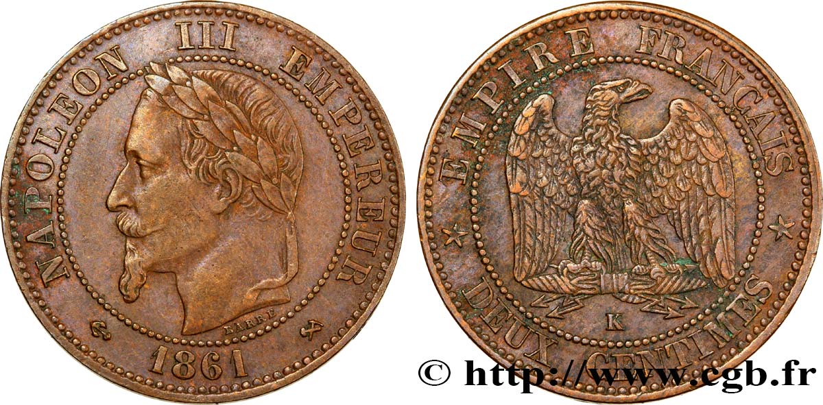 Deux centimes Napoléon III, tête laurée 1861 Bordeaux F.108A/3 SS40