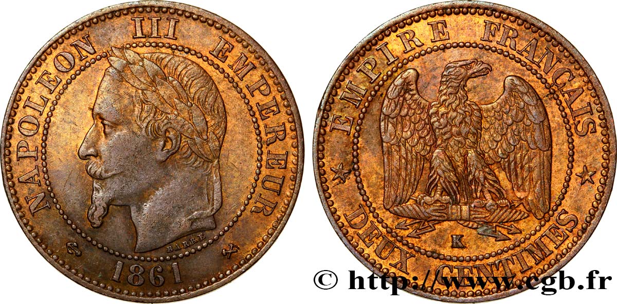 Deux centimes Napoléon III, tête laurée 1861 Bordeaux F.108A/3 XF40 
