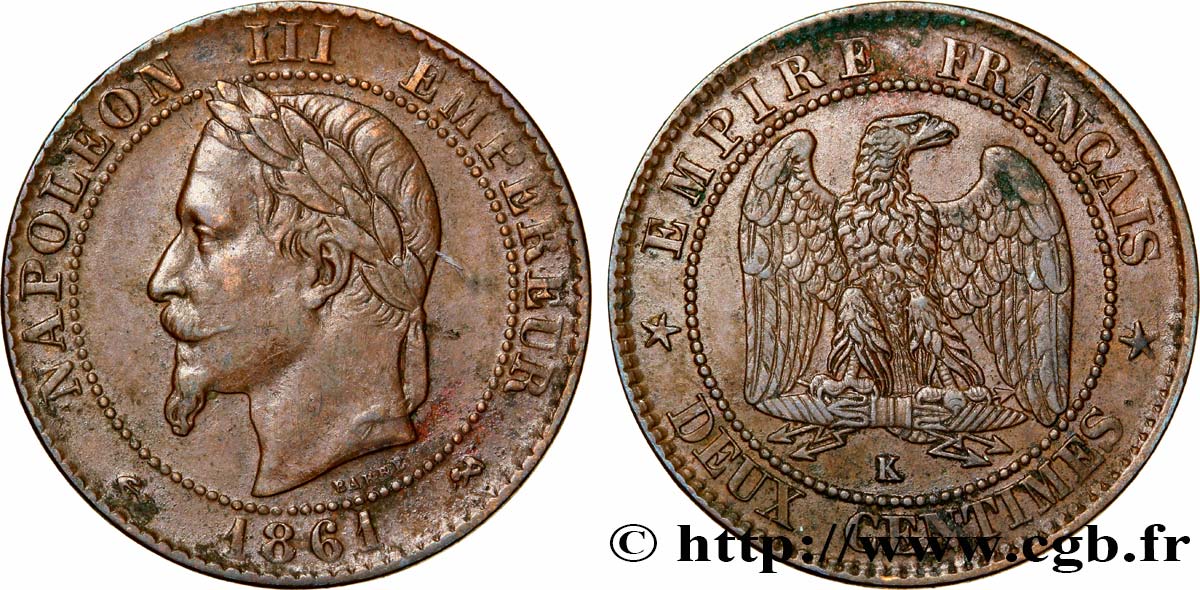 Deux centimes Napoléon III, tête laurée 1861 Bordeaux F.108/3 MBC40 