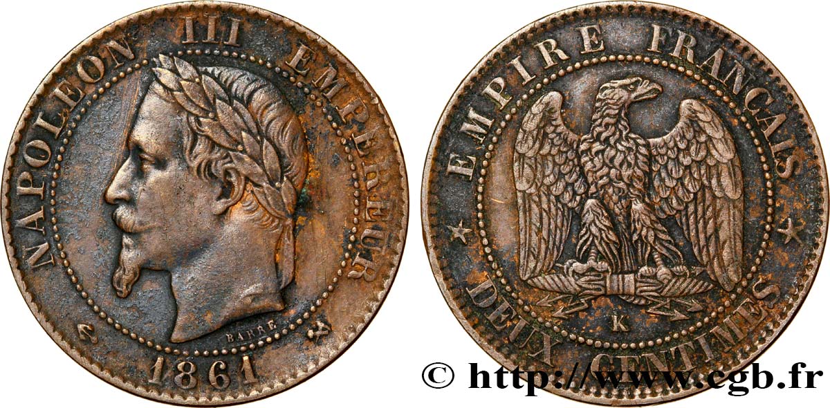Deux centimes Napoléon III, tête laurée 1861 Bordeaux F.108/3 TTB40 