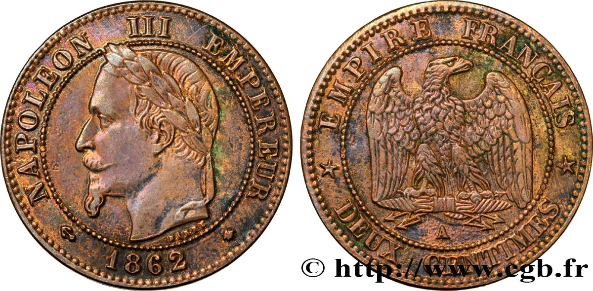 Deux centimes Napoléon III, tête laurée 1862 Paris F.108A/4 SS54