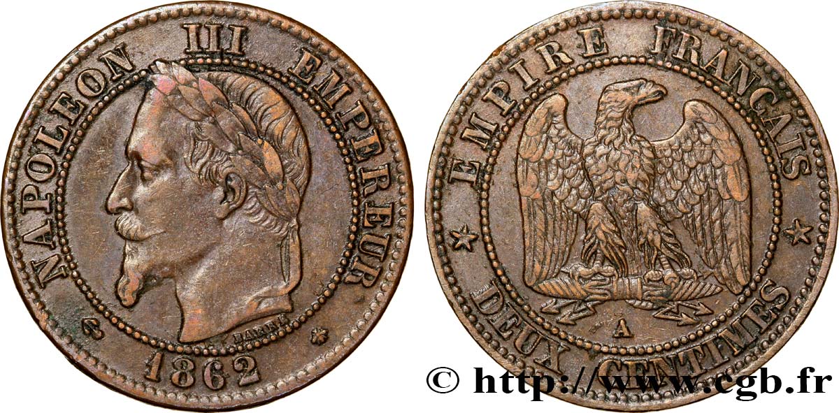 Deux centimes Napoléon III, tête laurée 1862 Paris F.108A/4 XF48