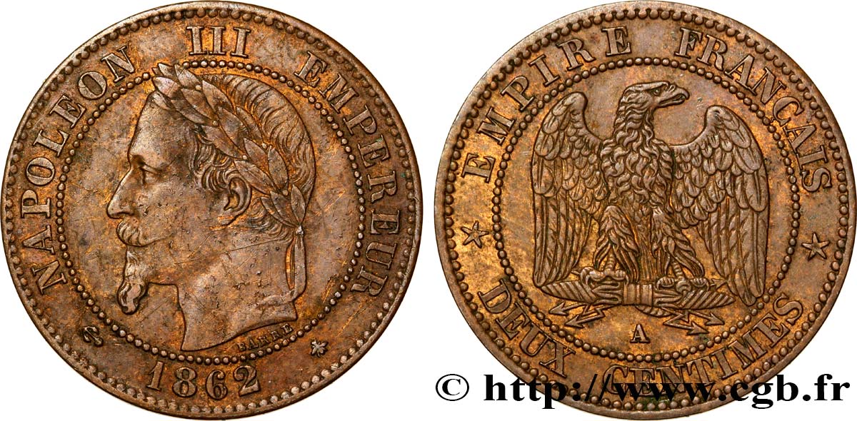 Deux centimes Napoléon III, tête laurée 1862 Paris F.108A/4 MBC48 