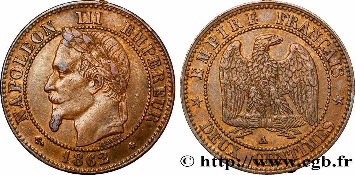 Deux centimes Napoléon III, tête laurée 1862 Paris F.108A/4 TTB48 