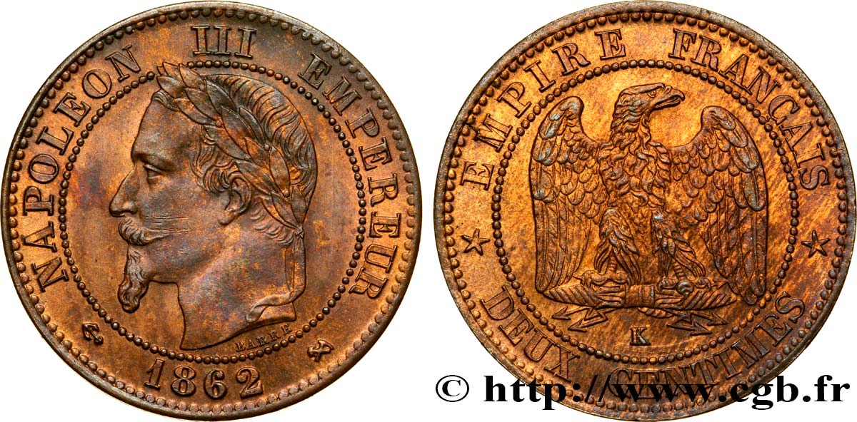 Deux centimes Napoléon III, tête laurée 1862 Bordeaux F.108A/7 MS60 