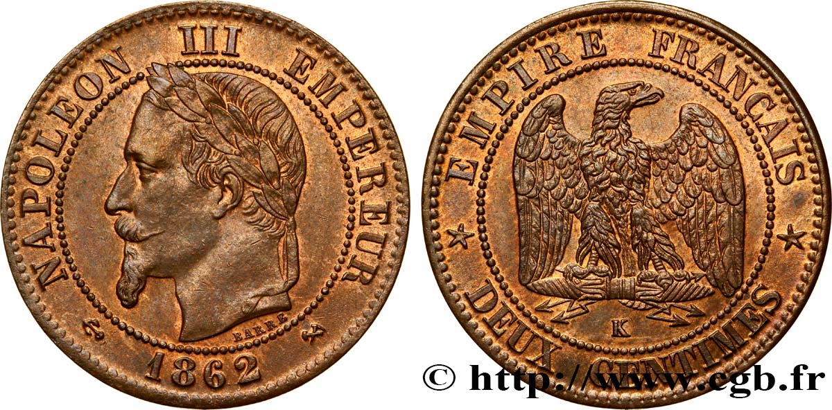 Deux centimes Napoléon III, tête laurée 1862 Bordeaux F.108A/7 SUP58