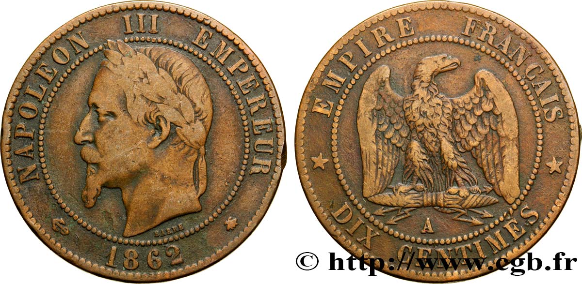 Dix centimes Napoléon III, tête laurée 1862 Paris F.134/7 TB35 