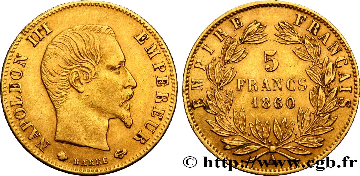 5 francs or Napoléon III, tête nue, grand module 1860 Paris F.501/11 MBC45 