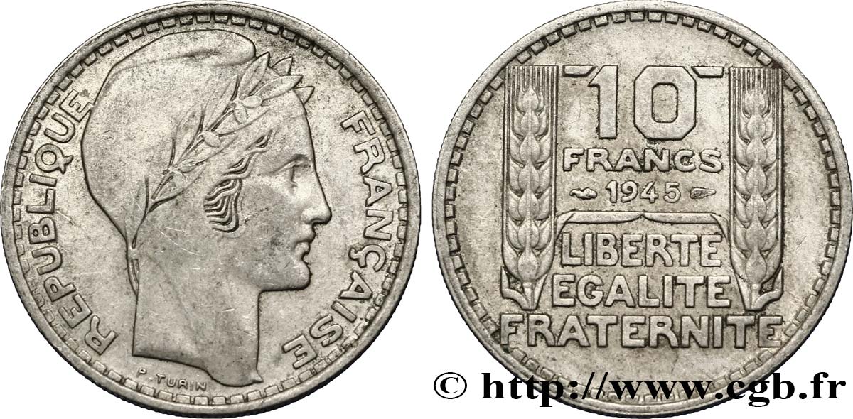 10 francs Turin, grosse tête, rameaux longs 1945  F.361/2 MBC45 