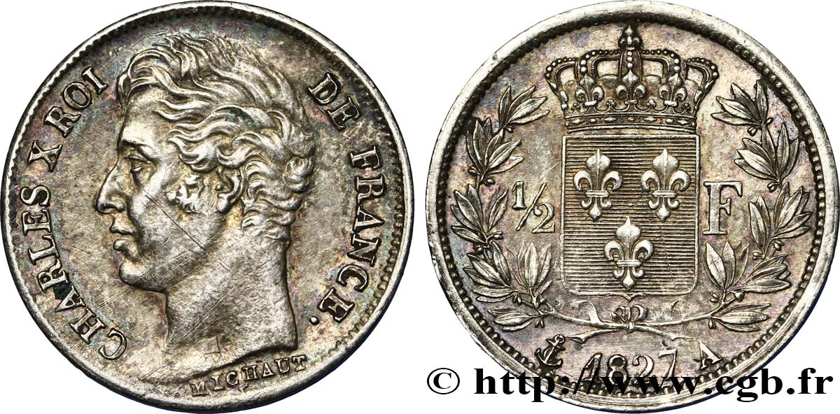 1/2 franc Charles X 1827 Paris F.180/13 AU52 