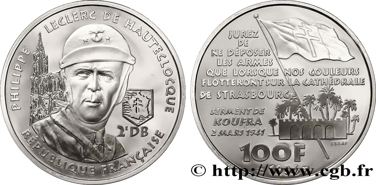 Essai Belle Épreuve 100 francs - Maréchal Leclerc de Hauteclocque 1994 Pessac F5.1629 2 MS70 