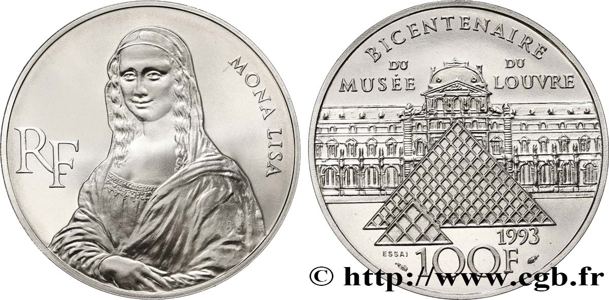 Essai Brillant Universel 100 francs - Mona Lisa 1993 Paris F5.1623 2 MS70 