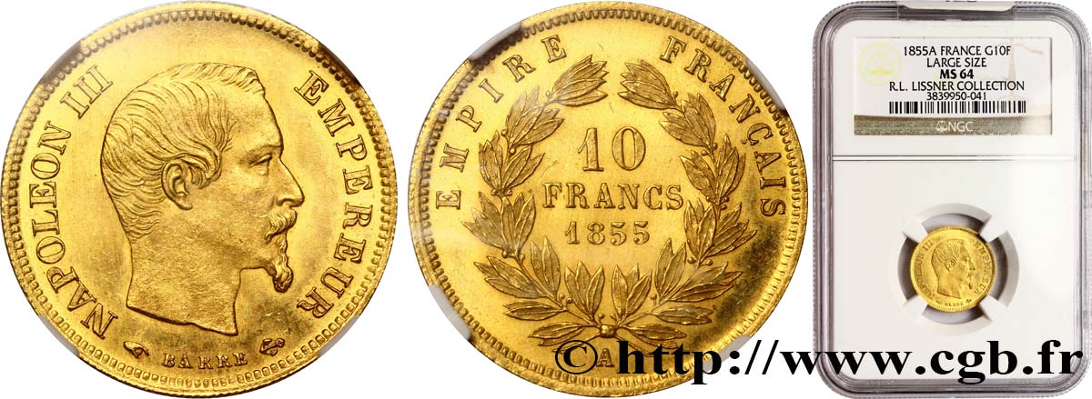 10 francs or Napoléon III, tête nue, grand module 1855 Paris F.506/1 MS64 NGC